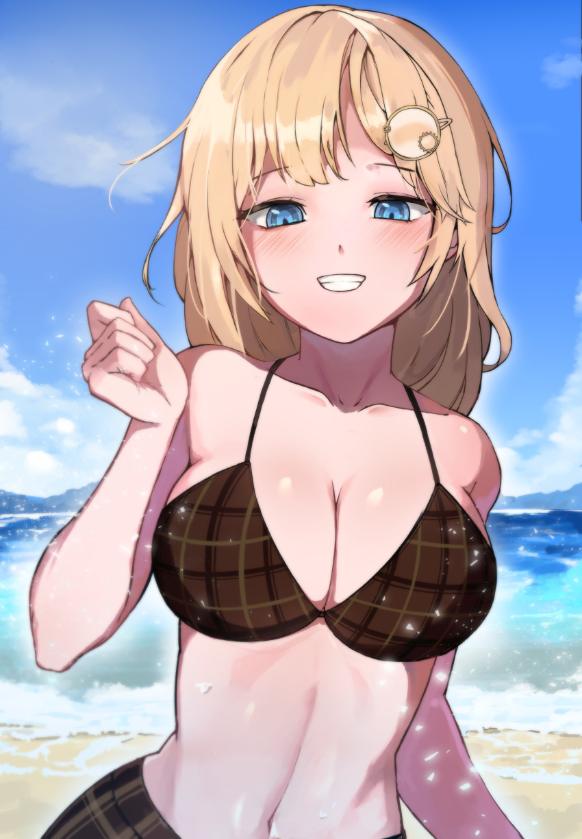 absurdres bad_id bad_pixiv_id beach bikini blonde_hair blue_eyes blush bob_cut breasts brown_bikini brown_skirt cleavage clenched_hand cloud collarbone day female grin hair_ornament highres hololive hololive_english iver_(reviolet) large_breasts looking_at_viewer medium_hair navel ocean outdoors plaid plaid_bikini plaid_skirt skirt sky smile solo stomach swimsuit twitter_username upper_body virtual_youtuber water watson_amelia