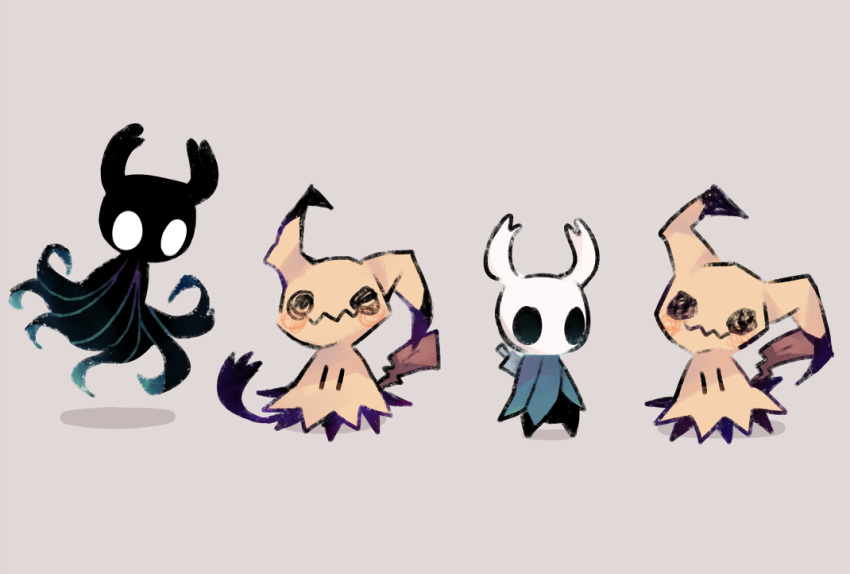 bad_id bad_tumblr_id charamells commentary creature crossover english_commentary grey_background hollow_knight knight_(hollow_knight) mimikyu nail_(hollow_knight) no_humans pokemon pokemon_(creature) shade_(hollow_knight) simple_background