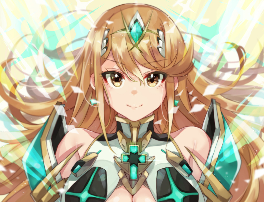 bare_shoulders blonde_hair breasts chest_jewel cleavage cleavage_cutout clothing_cutout dress earrings female jewelry konoha2014 large_breasts long_hair mythra_(xenoblade) solo swept_bangs tiara very_long_hair white_dress xenoblade_chronicles_(series) xenoblade_chronicles_2 yellow_eyes