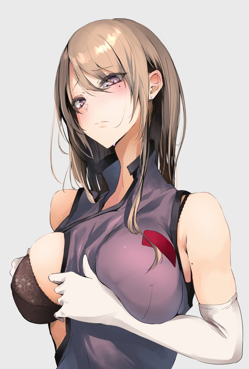 adapted_costume akiyama_cz4a armpit_crease black_bra blonde_hair blush bra bra_strap breasts closed_mouth clothes_pull commentary dress dress_pull ear_blush elbow_gloves female floral_print furrowed_brow gloves grey_background highres large_breasts long_hair looking_at_viewer mole mole_on_arm mole_under_eye no_headwear purple_dress purple_eyes simple_background sleeveless sleeveless_dress slit_pupils solo swept_bangs touhou tsurime underwear white_gloves yakumo_yukari