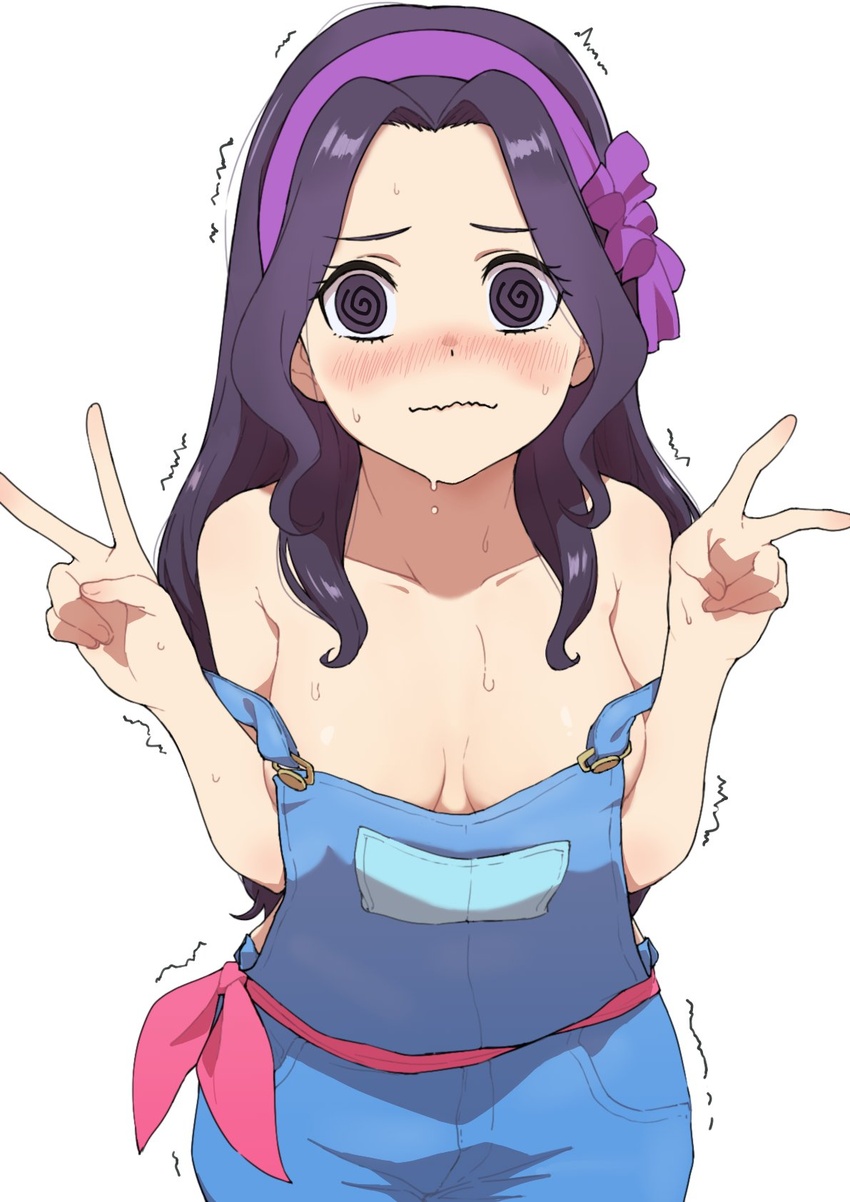 @_@ aikatsu! aikatsu!_(series) blue_overalls blush breasts cowboy_shot double_v female hairband hands_up highres long_hair looking_at_viewer medium_breasts osame overalls purple_hairband red_sash sash shirakaba_risa simple_background solo sweat trembling v wavy_mouth white_background wide-eyed