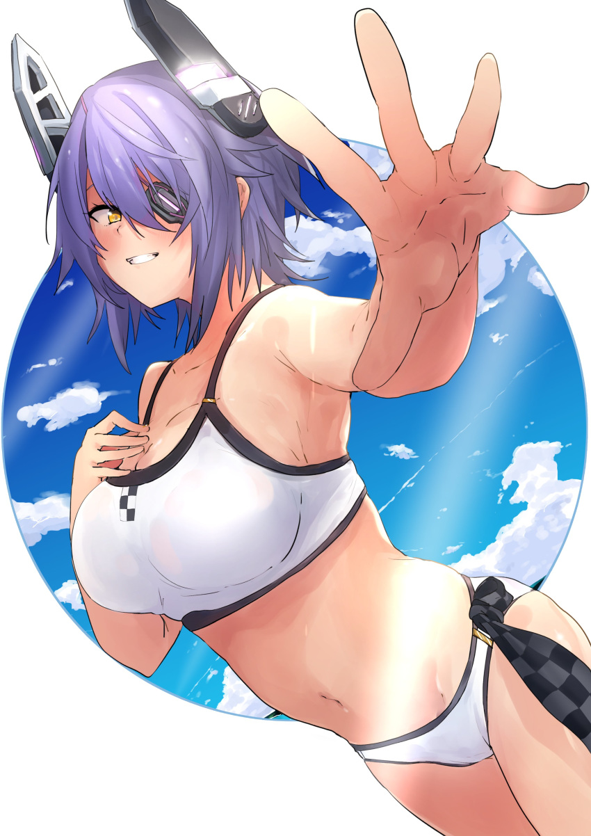 absurdres bikini blush breasts checkered cloud collarbone eyepatch female grin hand_on_own_chest highres kantai_collection large_breasts looking_at_viewer make_maketan navel official_alternate_costume purple_hair sky smile solo swimsuit tenryuu_(kancolle) tenryuu_(swimsuit_mode)_(kancolle) white_bikini yellow_eyes