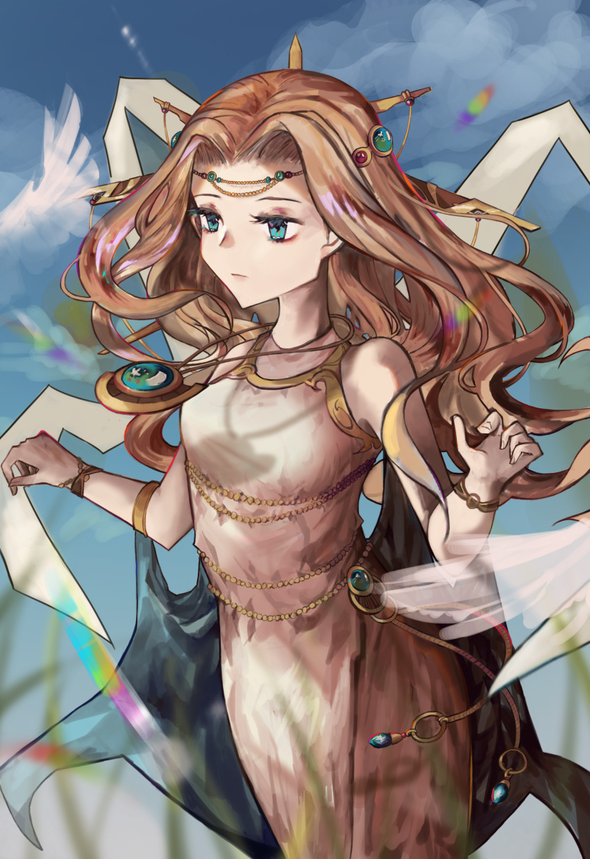 absurdres bare_arms blonde_hair blue_eyes bracelet brown_dress chinese_commentary closed_mouth commentary_request cowboy_shot cygnus_(maplestory) dress female hands_up head_chain highres jewelry long_hair maplestory muyu713 sleeveless sleeveless_dress solo