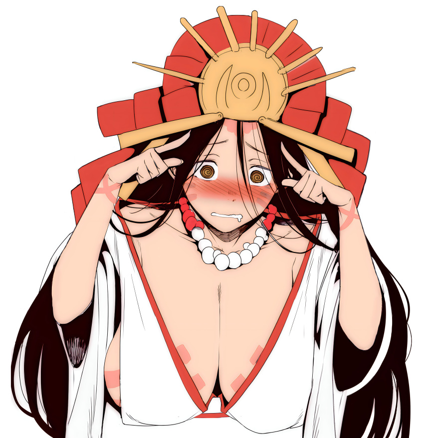 absurdres black_hair blush body_markings breasts colorized facial_mark fate/grand_order fate_(series) female forehead_mark highres himiko_(fate) himiko_(third_ascension)_(fate) japanese_clothes kimono large_breasts nakamura_regura non-web_source orange_vest solo vest white_background white_kimono