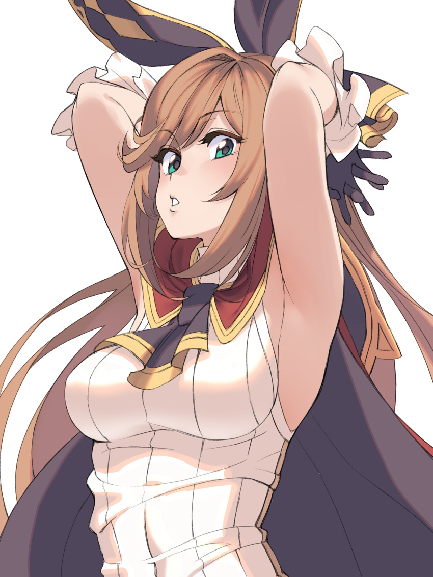 absurdres aqua_eyes armpits arms_behind_head arms_up black_gloves breasts cape clarisse_(granblue_fantasy) female frilled_gloves frills gloves granblue_fantasy hair_ribbon highres long_hair looking_at_viewer okita_ababa orange_hair ponytail ribbed_shirt ribbon shirt solo