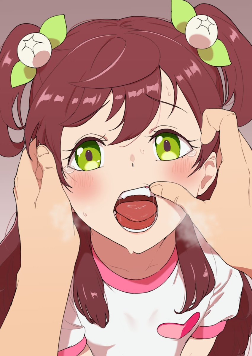 1other aikatsu!_(series) aikatsu_friends! blush brown_hair fangs female finger_in_another's_mouth green_eyes grey_background hair_ornament harukaze_wakaba heart highres looking_at_viewer open_mouth osame pov pov_hands saliva shirt short_sleeves solo_focus tears tongue two_side_up white_shirt