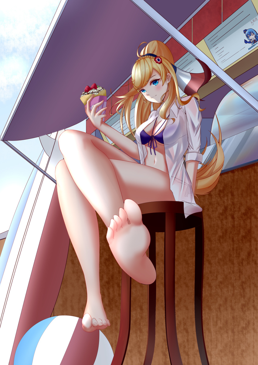 absurdres barefoot bikini blue_eyes breasts feet female highres large_breasts long_hair ponytail purple_bikini richelieu_(warship_girls_r) soles solo swimsuit toenails toes warship_girls_r zzzzjjjll