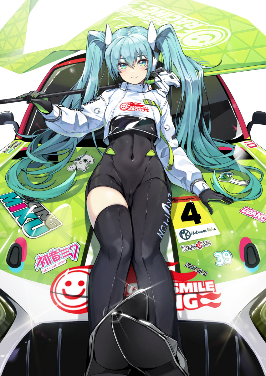 aqua_eyes aqua_hair asymmetrical_bodysuit black_bodysuit black_footwear bodysuit boots car closed_mouth covered_navel cropped_jacket ddangbi female flag flagpole flame_print gloves goodsmile_company goodsmile_racing green_flag green_gloves hatsune_miku highres holding holding_flag holding_pole jacket leaning_against_vehicle long_hair long_sleeves looking_at_viewer mercedes-benz mercedes-benz_amg_gt motor_vehicle pole puffy_long_sleeves puffy_sleeves race_queen race_vehicle racecar racing_miku racing_miku_(2022) simple_background single_leg_bodysuit single_thigh_boot smile smiley_face solo super_gt text_print thigh_boots twintails two-tone_gloves vocaloid white_background white_jacket