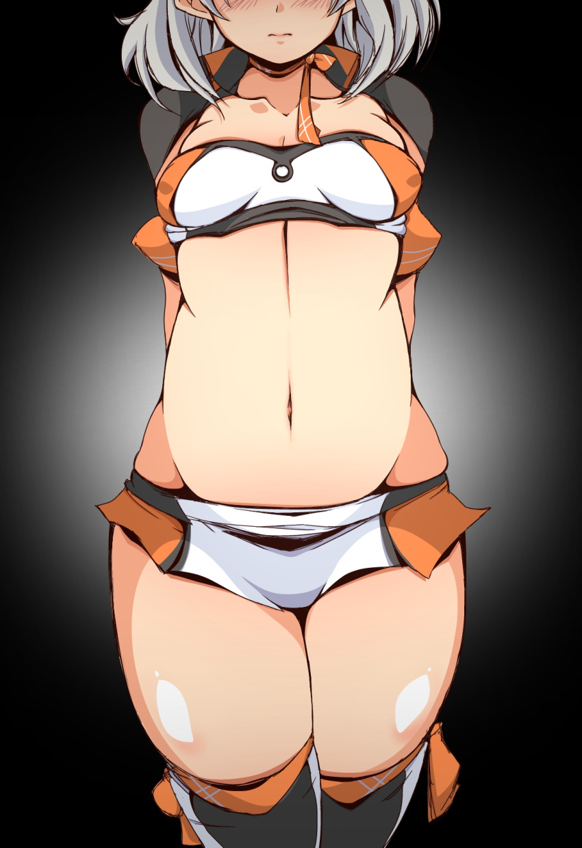 bandeau boots breasts female highres kanbayashi_chiko kantai_collection microskirt multicolored_bandeau multicolored_clothes multicolored_skirt natsugumo_(kancolle) natsugumo_(race_queen_mode)_(kancolle) navel official_alternate_costume orange_bandeau orange_skirt race_queen short_hair shrug_(clothing) skirt small_breasts solo thigh_boots white_bandeau white_hair white_skirt