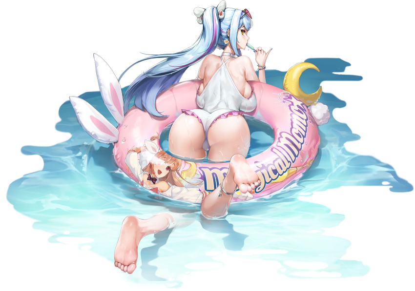 animal_ears anklet arm_strap ass backboob barefoot bell blue_hair blue_nails bracelet breasts bumcha character_name choker crescent earrings eyewear_on_head feet female flower flower_earrings food food_in_mouth frilled_one-piece_swimsuit frills from_behind hair_ornament heart heart-shaped_eyewear highres hraesvelgr_(last_origin) huge_breasts innertube jewelry jingle_bell large_breasts last_origin long_hair looking_at_viewer looking_back median_furrow multicolored_hair nail_polish official_alternate_costume official_art one-piece_swimsuit partially_immersed pearl_bracelet pink_hair ponytail popsicle popsicle_in_mouth print_innertube purple_hair rabbit_ears rabbit_tail ring shoulder_blades skindentation solo streaked_hair swim_ring swimsuit tail transparent_background two-tone_hair water wet white_choker white_flower white_one-piece_swimsuit yellow_eyes