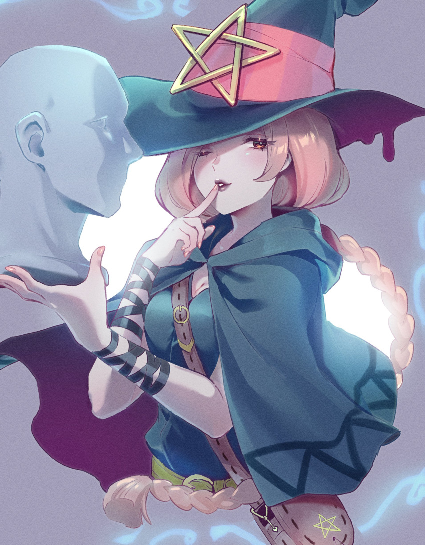 absurdres blue_cape blue_hat blue_shirt braid brown_bag brown_eyes bust_(sculpture) cape cropped_torso esmeralda_tusspells female finger_to_mouth gyakuten_saiban hand_up hat hat_ornament highres holding long_hair looking_at_viewer one_eye_closed parted_lips pink_hair purple_lips shirt single_braid solo star_(symbol) star_hat_ornament the_great_ace_attorney the_great_ace_attorney_2:_resolve very_long_hair witch_hat zuzuko