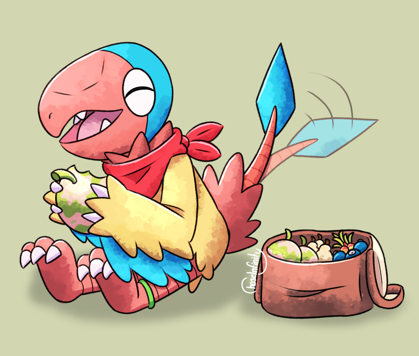 3_toes archen avian bandana beak bird bracelet brown_satchel chaseinfinity claws closed_eyes clothing eating eating_food fangs feather_tuft feathers feet feral food fossil_pokemon fruit generation_5_pokemon green_bracelet happy hi_res jewelry kerchief leppa_berry male multicolored_body multicolored_feathers nintendo open_mouth oran_berry plant pokemon pokemon_(species) pokemon_berry red_bandanna red_kerchief regi_(jmc) satchel sitrus_berry solo spade_tail tail tail_motion tailwag talons teeth toes tongue tuft watmel_berry wings