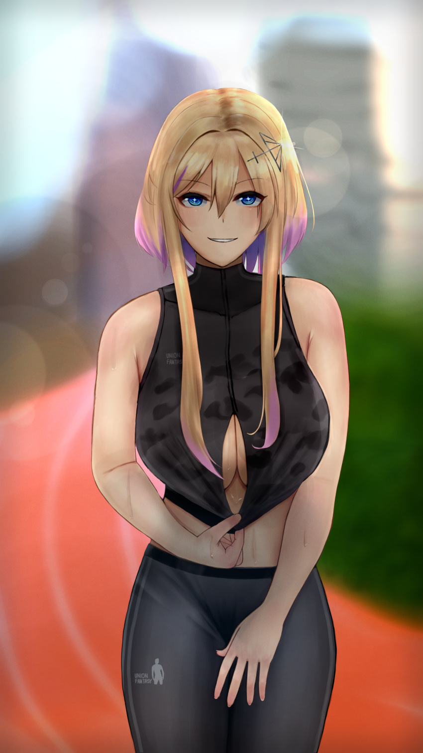 +_+ absurdres armpit_crease azur_lane bare_shoulders black_pants black_sports_bra blonde_hair blue_eyes blurry blurry_background blush breasts building cleavage clothes_pull clothing_cutout commentary_request cowboy_shot female glint gyaru hair_between_eyes hair_ornament hairclip hand_on_own_thigh highres large_breasts lens_flare looking_at_viewer marblehead_(azur_lane) marblehead_(boxing_girl!)_(azur_lane) meron-souda_shibori-tate midriff multicolored_hair official_alternate_costume paizuri_invitation pants parted_lips pink_hair sexually_suggestive short_hair_with_long_locks sidelocks sleeveless smile solo sports_bra sports_bra_pull standing sweat symbol-shaped_pupils track_and_field track_pants two-tone_hair underboob underboob_cutout