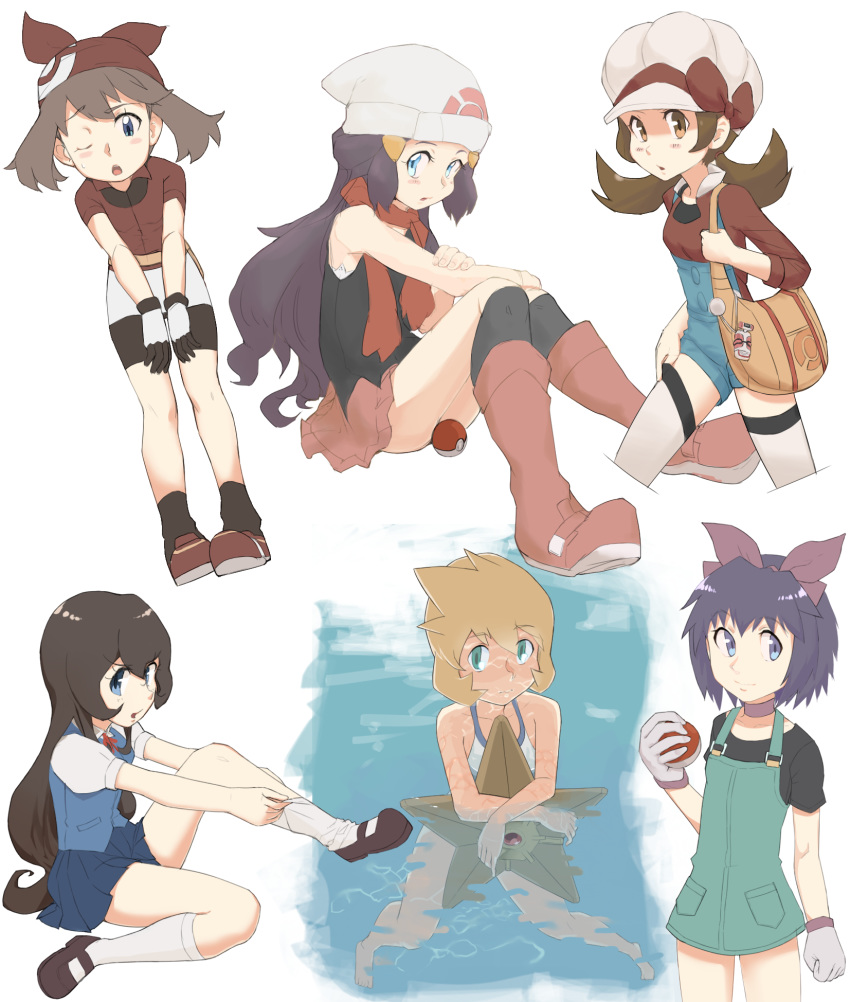 6+girls barefoot beanie black_hair blue_eyes blue_hair boots breasts brown_eyes brown_hair cabbie_hat closed_mouth competition_swimsuit dawn_(pokemon) giselle_(pokemon) hat hat_ribbon highres holding holding_poke_ball kasumi_(pokemon) kelly_(pokemon) knee_boots long_hair looking_at_viewer lyra_(pokemon) may_(pokemon) multiple_girls nyonn24 one-piece_swimsuit open_mouth orange_hair overalls pink_footwear poke_ball poke_ball_(basic) pokemon pokemon_(anime) pokemon_(classic_anime) pokemon_(creature) pokemon_dppt pokemon_hgss pokemon_rse pokemon_rse_(anime) ribbon short_hair simple_background skirt staryu swimming swimsuit twintails water white_background