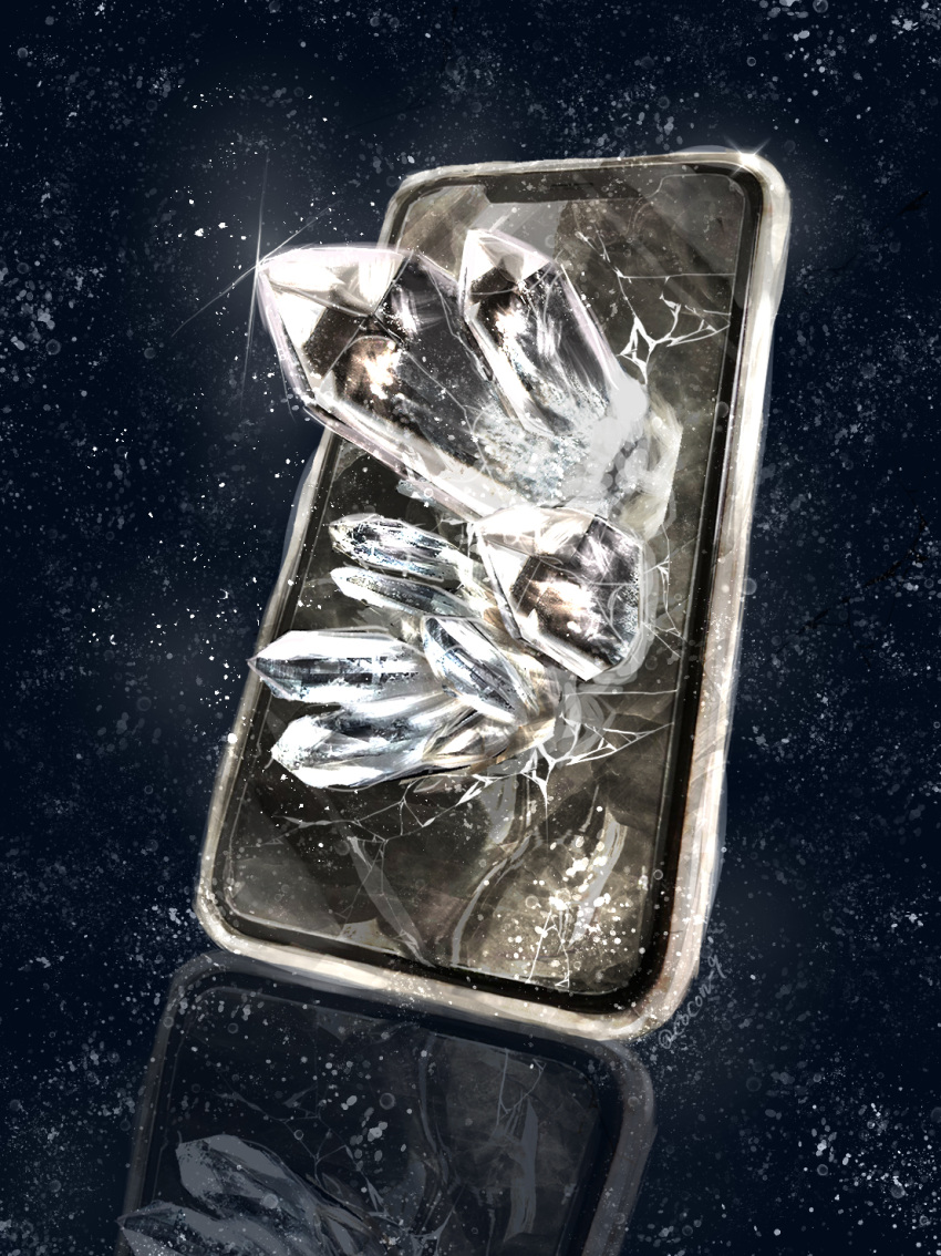 apple_inc. blue_background cellphone cocon_(cocon_q) commentary_request crack crystal diamond_(gemstone) glint highres iphone_x light_particles no_humans phone reflection smartphone star_(sky) still_life