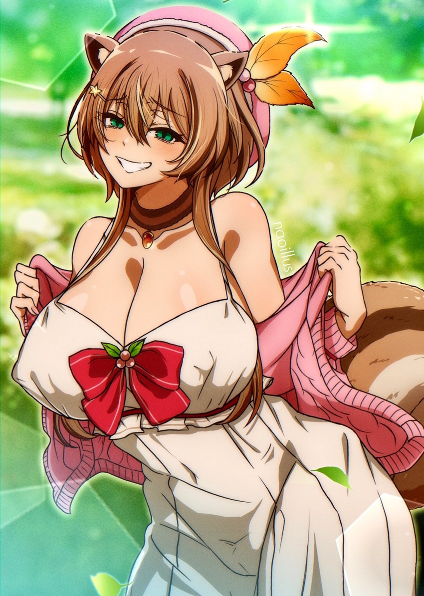 alternate_breast_size animal_ears ayunda_risu ayunda_risu_(1st_costume) beret blush breasts brown_hair choker cleavage covered_navel covered_nipples dress female green_eyes hair_ornament hat highres hololive hololive_indonesia huge_breasts long_hair looking_at_viewer naoillus off_shoulder pink_hat smile solo squirrel_ears squirrel_girl squirrel_tail tail virtual_youtuber