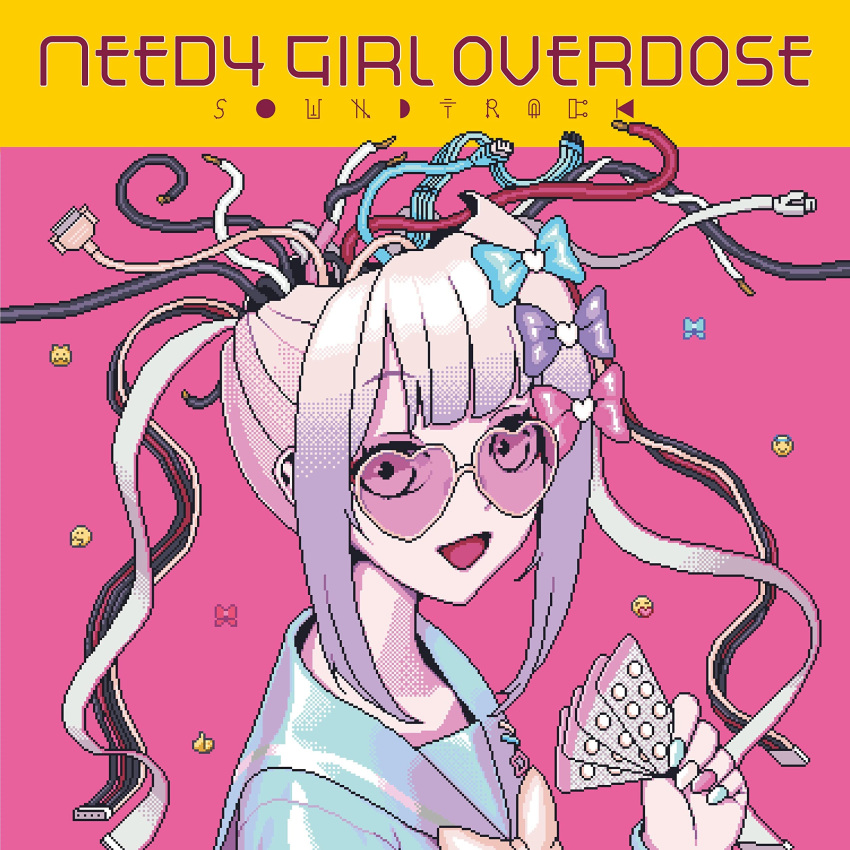 absurdres album_cover bow bowtie cable chouzetsusaikawa_tenshi-chan cover cracked_skin dithering drugs eencya emoji ethernet_cable female gradient_hair hairbow heart heart-shaped_eyewear highres holographic_clothing large_bow long_hair multicolored_hair multicolored_nails multiple_hair_bows needy_girl_overdose official_art open_mouth parody pill pin pixel_art purple_hair sailor_collar sailor_shirt sata_cable shirt sidelocks smile solo upper_body white_hair yellow_magic_orchestra