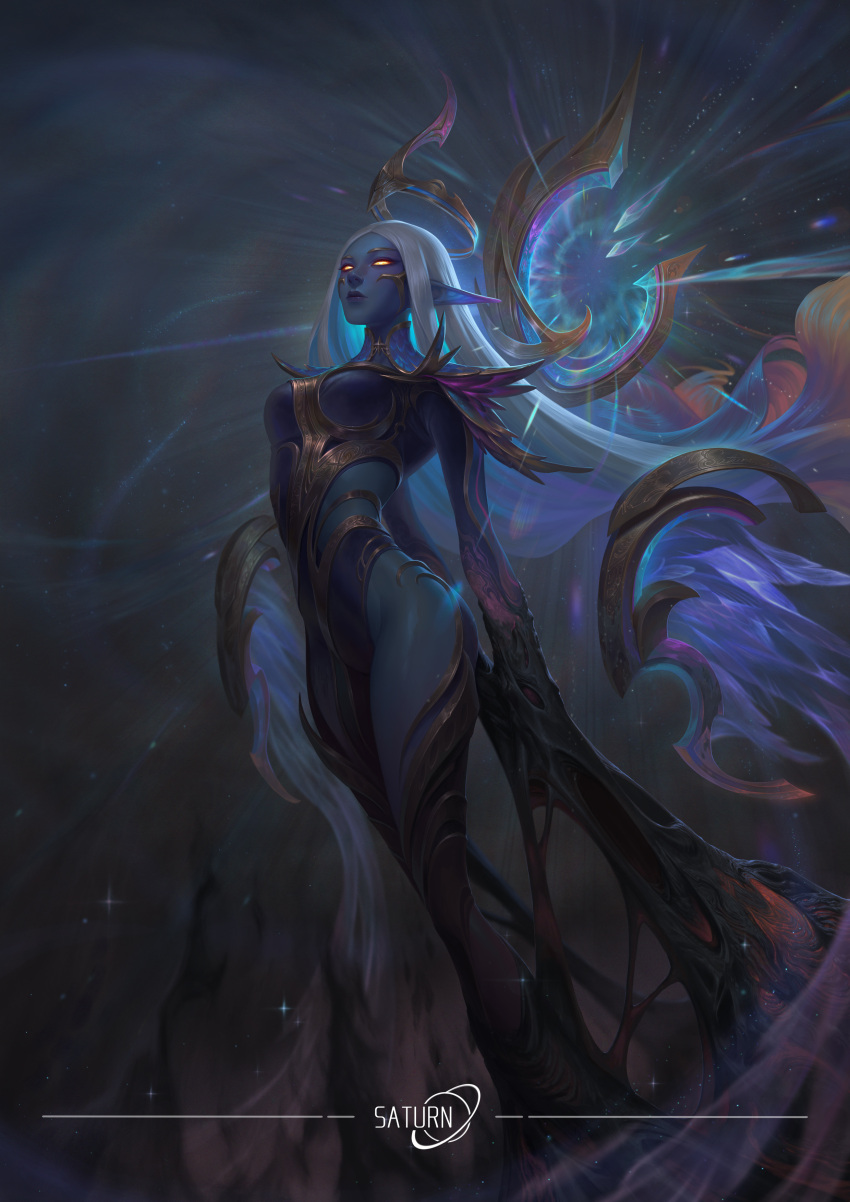 absurdres alternate_skin_color artist_name blue_skin breasts colored_skin dawnbringer_soraka female floating_headgear full_body glowing glowing_eyes gold_trim headgear highres league_of_legends long_hair pointy_ears saturn_(satscarlet) small_breasts solo standing very_long_hair white_hair yellow_eyes