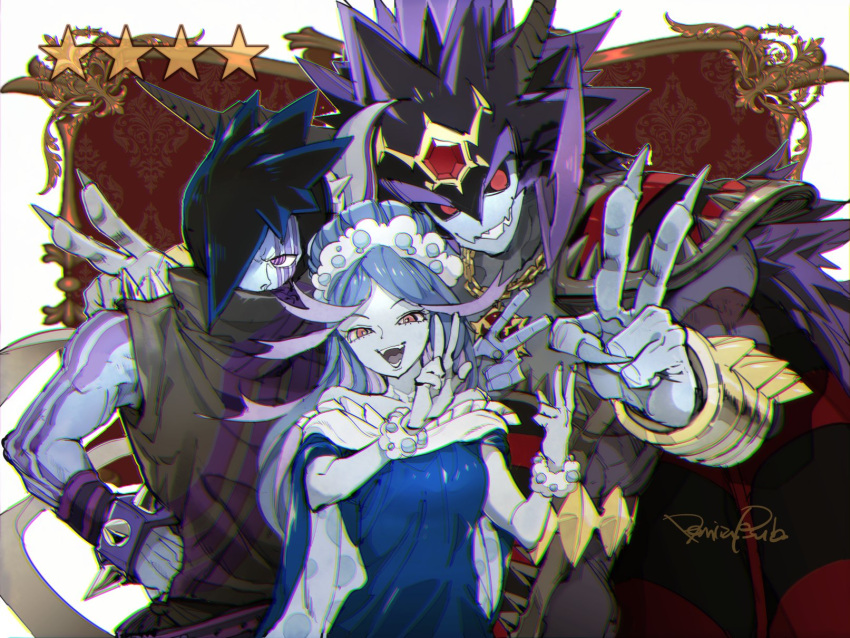 2boys armor bare_shoulders black_hair black_sclera blue_cape blue_hair body_markings bracelet cape chain_necklace chains character_request chromatic_aberration colored_sclera colored_skin covered_mouth demizu_posuka double_v double_w facial_mark female fingernails frills fur_trim gem grey_nails grey_skin hair_over_one_eye hand_on_own_hip highres jewelry long_fingernails long_hair looking_at_viewer multicolored_eyes multicolored_hair multiple_boys muscular muscular_male necklace oerba_yun_fang off_shoulder open_mouth orange_eyes oreca_battle patterned pauldrons pink_eyes polka_dot purple_eyes purple_hair red_eyes sharp_fingernails shoulder_armor signature single_bare_shoulder skin_fang smile spiked_bracelet spiked_hair spikes star_(symbol) streaked_hair teeth tongue transparent v vambraces very_long_fingernails w