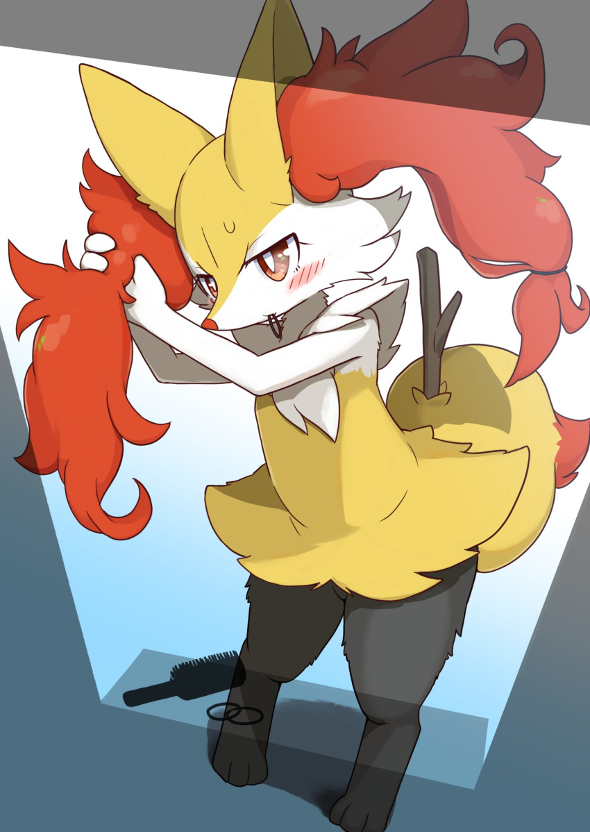 2022 3_toes accessory anthro biped black_body black_fur blush blush_lines braixen brown_eyes brush canid canine cheek_tuft digital_media_(artwork) digitigrade dipstick_tail facial_tuft feet female female_anthro flat_chested fluffy full-length_portrait fur generation_6_pokemon hair_accessory hair_tie hairbrush hairclip hi_res high-angle_view inner_ear_fluff kemono koorinezumi mammal markings multicolored_body multicolored_fur multicolored_tail nintendo object_in_mouth paws personal_grooming pokemon pokemon_(species) portrait red_body red_fur red_nose solo standing stick stick_in_tail tail tail_markings toes translated_description tuft white_body white_fur yellow_body yellow_fur