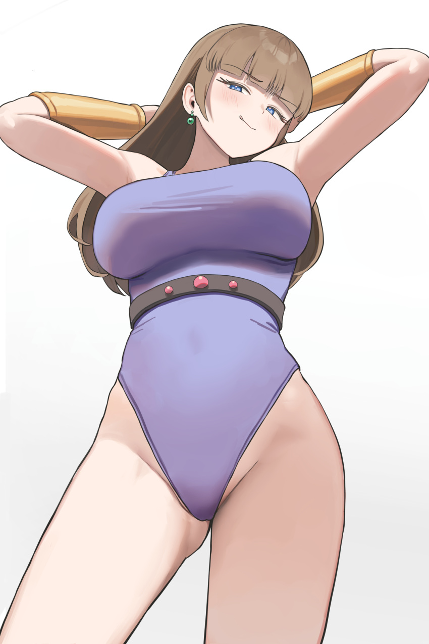 alternate_breast_size arms_behind_head arms_up blue_eyes breasts closed_mouth commission earrings female from_below game_queen highres jewelry large_breasts leotard light_smile long_hair looking_at_viewer narara_superboard purple_leotard simple_background solo standing tongue tongue_out twin_(tt_lsh) white_background