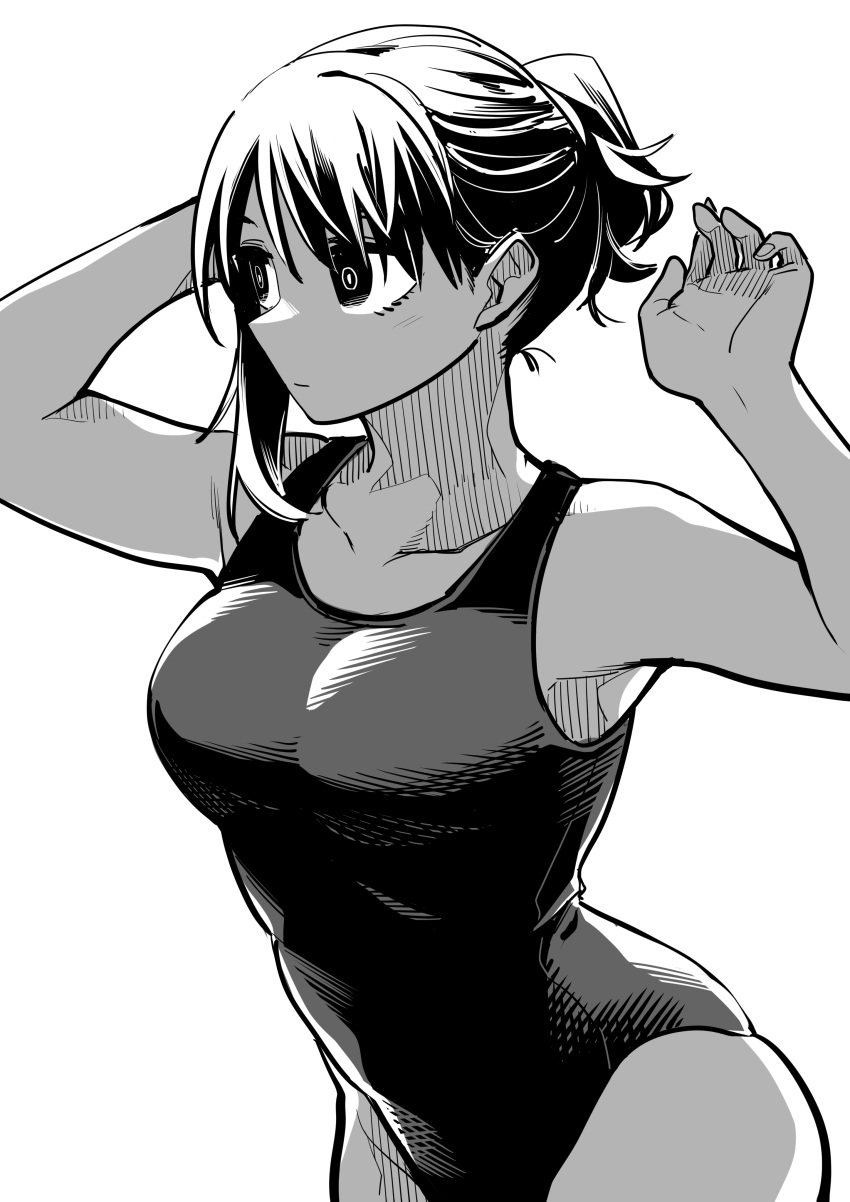 absurdres black_hair breasts competition_swimsuit curvy female greyscale highres kanke_(kank06020602) large_breasts medium_hair monochrome one-piece_swimsuit original ponytail solo swimsuit wide_hips