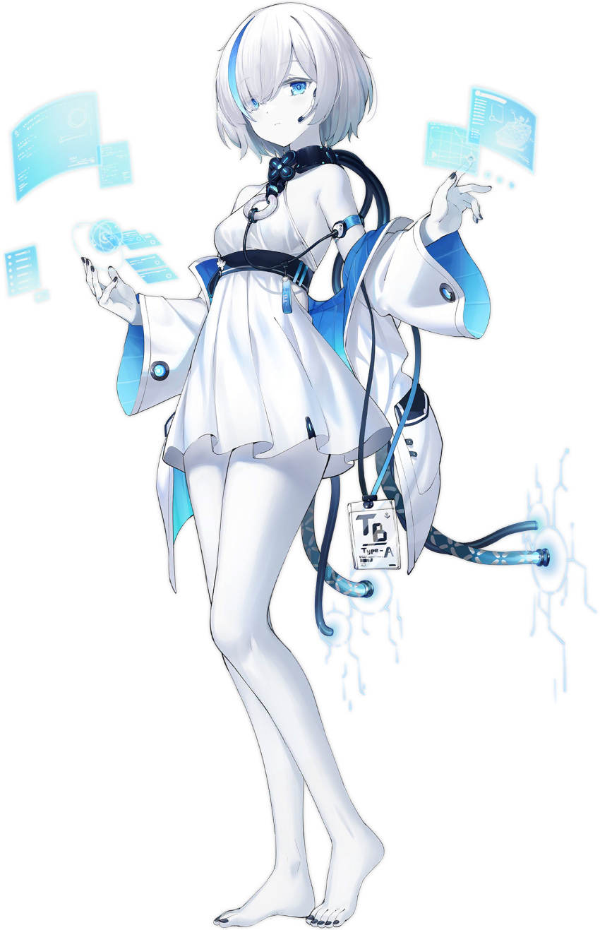 :o aged_up alpha_transparency artist_request azur_lane bare_legs bare_shoulders barefoot belt black_nails blue_eyes blue_hair blue_jacket breasts cable collarbone colored_eyelashes colored_skin dress electricity eyes_visible_through_hair feet female fingernails four-leaf_clover_necklace full_body hair_over_one_eye hand_up highres holding hologram id_card jacket jewelry lanyard legs looking_at_viewer microphone multicolored_hair nail_polish necklace non-web_source off_shoulder official_art open_clothes open_jacket pale_skin parted_lips short_dress short_hair sleeveless sleeveless_dress small_breasts solo standing streaked_hair tachi-e tb_(azur_lane) tb_(type-a)_(azur_lane) toenail_polish toenails toes transparent_background two-sided_fabric two-sided_jacket two-tone_hair white_dress white_hair white_jacket white_skin wide_sleeves