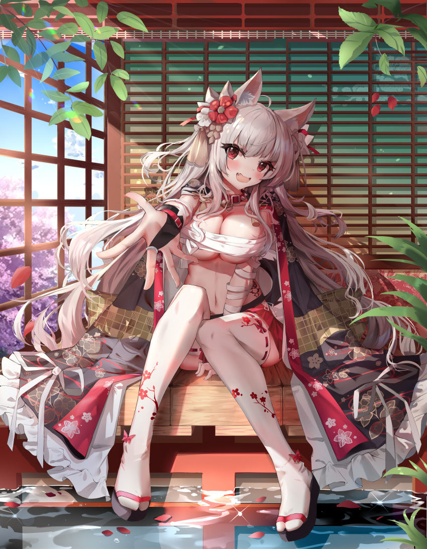 absurdres animal_ear_fluff animal_ears arm_between_legs azur_lane bandaged_arm bandages braid breasts bridal_gauntlets budget_sarashi chinese_commentary cleavage coat coat_on_shoulders collar commentary_request day female flower full_body hair_flower hair_ornament highres indoors knees_together_feet_apart large_breasts light_rays long_hair oerba_yun_fang official_alternate_costume open_mouth outstretched_arm qinshishizhang reaching reaching_towards_viewer red_eyes red_flower red_skirt sarashi sitting skin_fang skirt solo spiked_collar spikes sunbeam sunlight tail thighhighs very_long_hair wading water white_thighhighs wolf_ears wolf_tail yuudachi_(azur_lane) yuudachi_(shogun_of_snowballs)_(azur_lane)