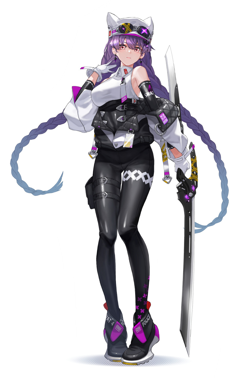 absurdres alternate_costume bare_shoulders braid caution_tape counter:side earrings eyewear_on_headwear female full_body gloves highres holding holding_sword holding_weapon jewelry lee_yumi_(counter:side) long_hair pouch purple_hair red_eyes shadow solo sword thigh_pouch twin_braids weapon white_background white_gloves wing_(wingho)