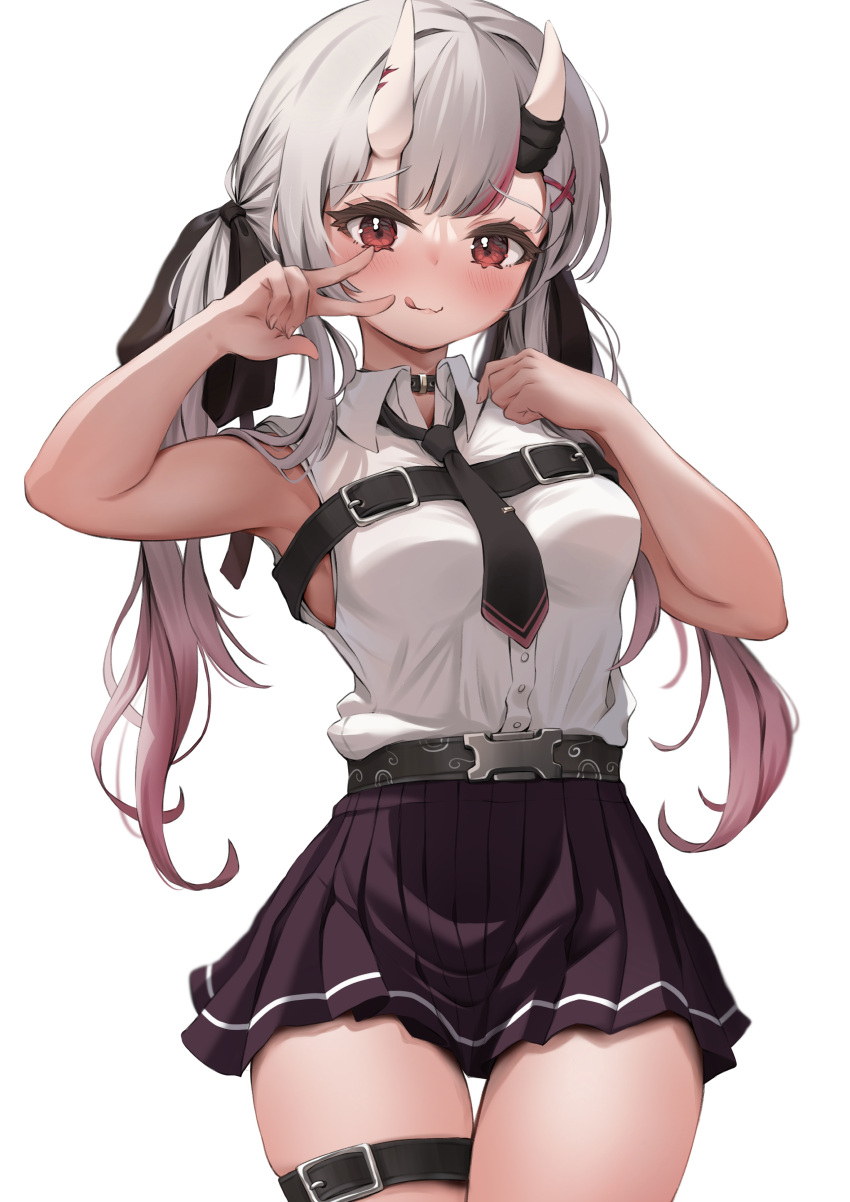 :3 :q absurdres belt black_necktie black_sleeves breasts colored_tips cowboy_shot female grey_hair highres hololive horns long_hair looking_at_viewer medium_breasts multicolored_hair nakiri_ayame nakiri_ayame_(streetwear) necktie official_alternate_costume pleated_skirt red_hair simple_background skin-covered_horns skirt sleeveless solo streaked_hair thigh_gap thigh_strap tongue tongue_out twintails ume_(umedayooo) virtual_youtuber w white_background