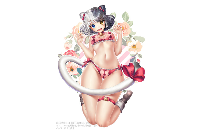 bell bicolored_eyes bow bra breasts catgirl collar flowers garter oerba_yun_fang original panties short_hair socks suuzuki_ayato tail underwear watermark white