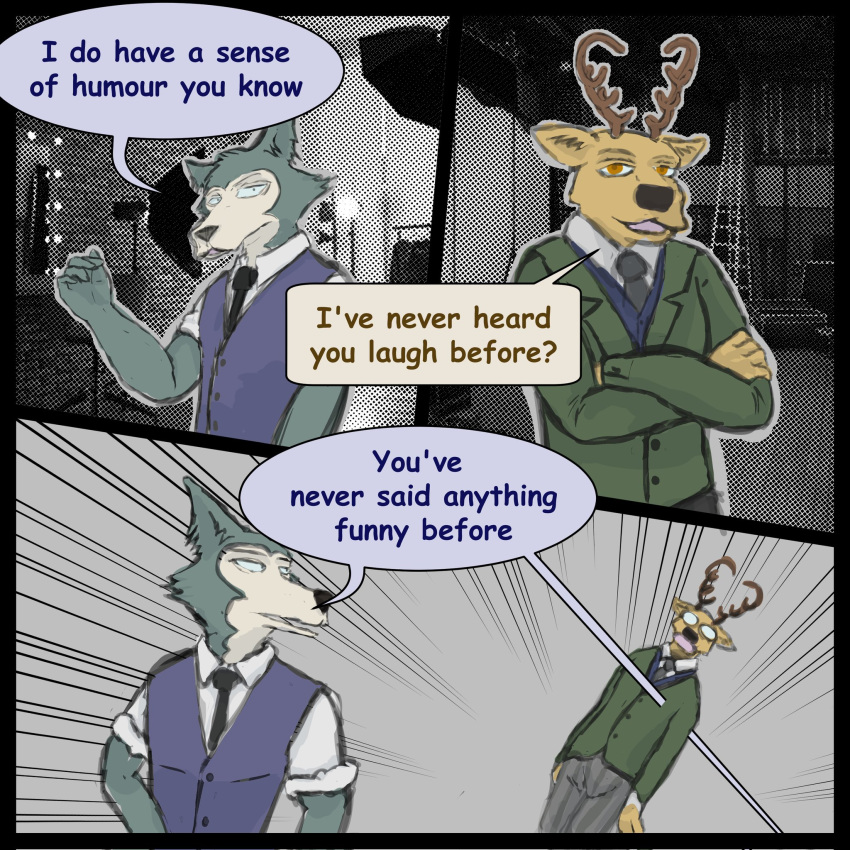 1:1 2021 anthro antlers beastars brown_eyes canid canine canis cervine clothed clothing crossed_arms death deer dialogue duo english_text hi_res horn humor killing legoshi_(beastars) louis_(beastars) male mammal necktie red_deer speech_bubble text topwear vest wolf yatewilliams