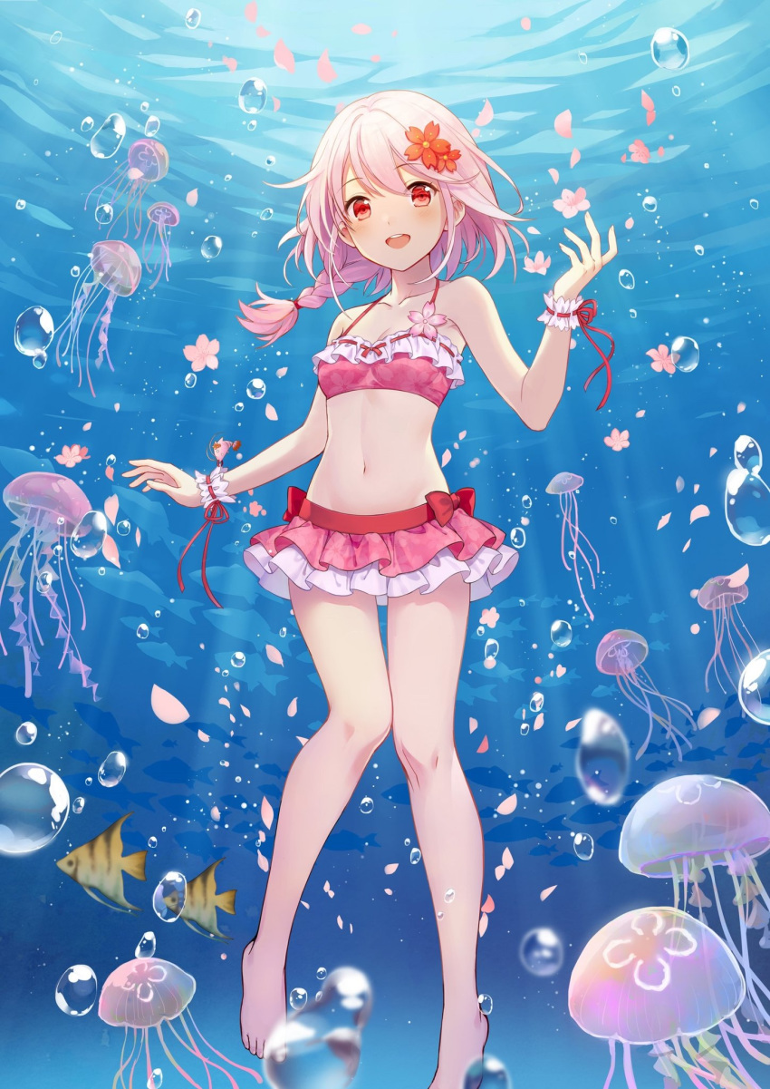 :d air_bubble bare_arms bare_legs bare_shoulders barefoot bikini bikini_skirt blush bow braid breasts bubble cherry_blossom_print cherry_blossoms cleavage collarbone commentary_request female fish floral_print flower frilled_bikini frills full_body hair_between_eyes hair_flower hair_ornament hand_up highres jellyfish light_rays long_hair looking_at_viewer navel open_mouth petals pink_bikini pink_hair red_bow red_eyes red_ribbon ribbon ribbon-trimmed_bikini ribbon_trim rio.lw second-party_source sergestid_shrimp_in_tungkang single_braid small_breasts smile solo stomach sunbeam sunlight swimsuit teeth thigh_gap underwater upper_teeth_only wrist_cuffs xuan_ying