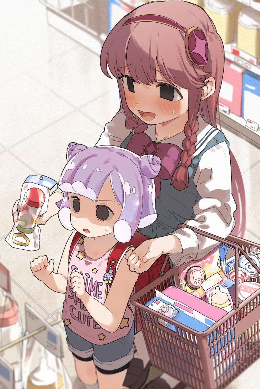 2girls :d absurdres baby_bottle backpack bag bare_arms bare_shoulders bike_shorts black_eyes black_shorts blue_shorts blush bottle bow brown_hair clothes_writing commentary_request double_bun dress english_text grey_dress hair_bun highres holding indoors kirara_mami long_hair long_sleeves monster_girl multiple_girls pink_tank_top puniru_(puniru_wa_kawaii_slime) puniru_wa_kawaii_slime purple_bow purple_hair randoseru rattle school_uniform shaded_face shirt shopping_bag short_hair short_shorts shorts shorts_under_shorts sleeveless sleeveless_dress slime_girl smile standing sweat tank_top tile_floor tiles very_long_hair white_shirt yukie_(kusaka_shi)