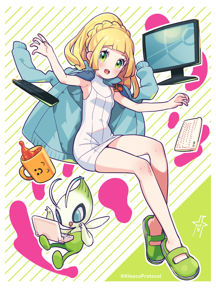 bare_arms bare_legs blonde_hair blush border brigette_(pokemon) brigette_(pokemon)_(cosplay) celebi commentary_request computer_keyboard cosplay cup dress eyelashes female full_body green_eyes green_footwear highres kinocopro knees lillie_(pokemon) long_hair monitor mug open_mouth pokemon pokemon_(creature) pokemon_bank pokemon_sm ponytail shoes sleeveless smile sweater sweater_dress twitter_username watermark white_border