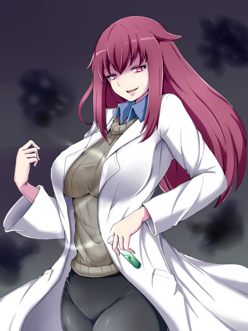 black_background breasts collared_shirt commentary_request contrail cowboy_shot female glowing glowing_eyes hair_between_eyes half-closed_eyes highres holding holding_test_tube lab_coat large_breasts long_hair looking_at_viewer mon-musu_quest! open_mouth promestein raichi_(ddq0246) red_eyes red_hair shirt sidelocks simple_background smile solo sweater test_tube wing_collar