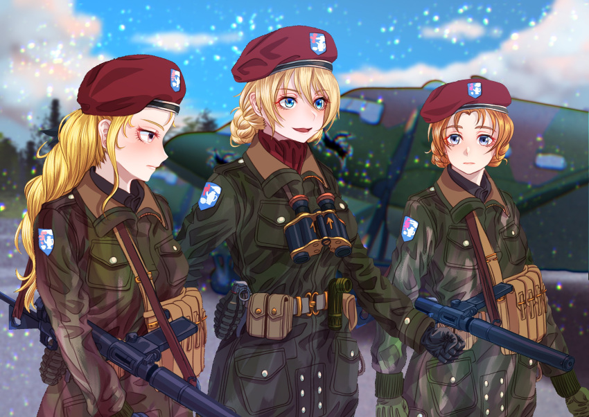 3girls absurdres aircraft ammunition_pouch arrow_(symbol) assam_(girls_und_panzer) belt belt_pouch beret binoculars black_gloves black_shirt blonde_hair blue_sky blush braid braided_bun breast_pocket british_army brown_jacket buttoned_cuffs buttons c-47 camouflage camouflage_jacket clenched_hand cloud collared_jacket collared_shirt commentary_request cowboy_shot darjeeling_(girls_und_panzer) day emblem explosive eyelashes flashlight from_side girls_und_panzer gloves green_gloves green_jacket grenade gun gun_sling hair_bun hat hat_ornament highres holding holding_gun holding_weapon jacket long_hair long_sleeves looking_at_another looking_to_the_side military military_hat military_jacket military_uniform military_vehicle multiple_girls orange_hair orange_pekoe_(girls_und_panzer) outdoors paratrooper patch pocket pouch red_headwear red_scarf scarf shirt short_hair shoulder_patch single_braid skirt sky sleeve_cuffs snowing soldier st._gloriana's_(emblem) sten_gun submachine_gun tigern_(tigern28502735) uniform united_kingdom upper_body utility_belt weapon