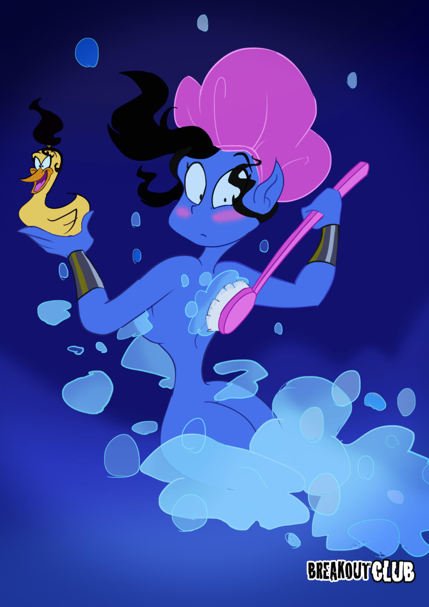 arabian_nights ass bath bathing blue_body blue_skin blush breakoutclub breasts convenient_censorship disney disney's_aladdin embarrassed female genie hi_res humanoid jinni_the_genie nude rubber_duck scrub_brush scrubbing shower shower_cap soap_bubbles solo suds