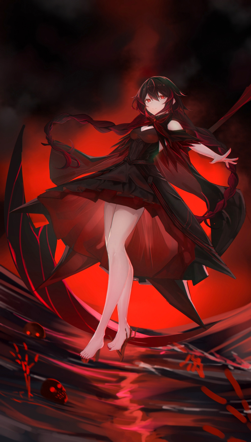 ambiguous_red_liquid bare_legs bare_shoulders barefoot black_cape black_dress black_hair braid breasts cape chinese_commentary cleavage cleavage_cutout clothing_cutout commentary cradle_(punishing:_gray_raven) dress female floating from_below full_body glowing glowing_eyes highres holding holding_scythe holding_weapon huge_weapon looking_at_viewer looking_down magic_circle multicolored_hair nail_polish panluo pleated_skirt punishing:_gray_raven red_eyes red_hair red_nails red_sky scythe shoulder_cutout skirt sky small_breasts smile solo streaked_hair symbol-shaped_pupils toenail_polish toenails twin_braids weapon