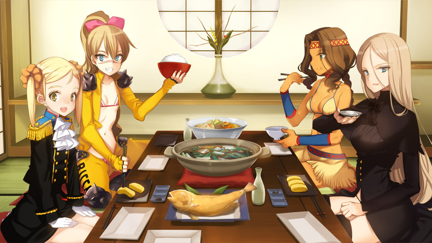 4girls alcohol armor bikini bikini_top_only billy_the_kid_(eiyuu_senki) blonde_hair blue_eyes bodysuit bra braid breasts brown_hair colombus_(eiyuu_senki) eating eiyuu_senki eiyuu_senki_gold flat_chest food game_cg geronimo_(eiyuu_senki) green_eyes hair_ornament hair_ribbon headband large_breasts long_hair looking_at_viewer medium_breasts multiple_girls native_american navel open_clothes oyari_ashito panties panty_peek parted_bangs perry_(eiyuu_senki) ponytail ribbon sake scar scar_on_face shoulder_armor smile swimsuit twintails underwear yellow_eyes