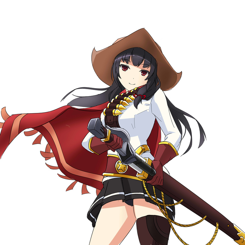 absurdres bandolier belt black_hair black_panties black_skirt brown_gloves brown_thighhighs cape commentary_request cosplay cowboy_hat cowboy_shot female gloves hair_ribbon hat high_noon_yasuo highres isokaze_(kancolle) jiguang_zhi_aoluola kantai_collection league_of_legends long_hair looking_at_viewer panties pantyshot red_cape red_eyes red_ribbon ribbon scabbard sheath single_thighhigh skirt smile solo standing sword thighhighs tress_ribbon underwear unsheathing weapon yasuo_(league_of_legends) yasuo_(league_of_legends)_(cosplay)