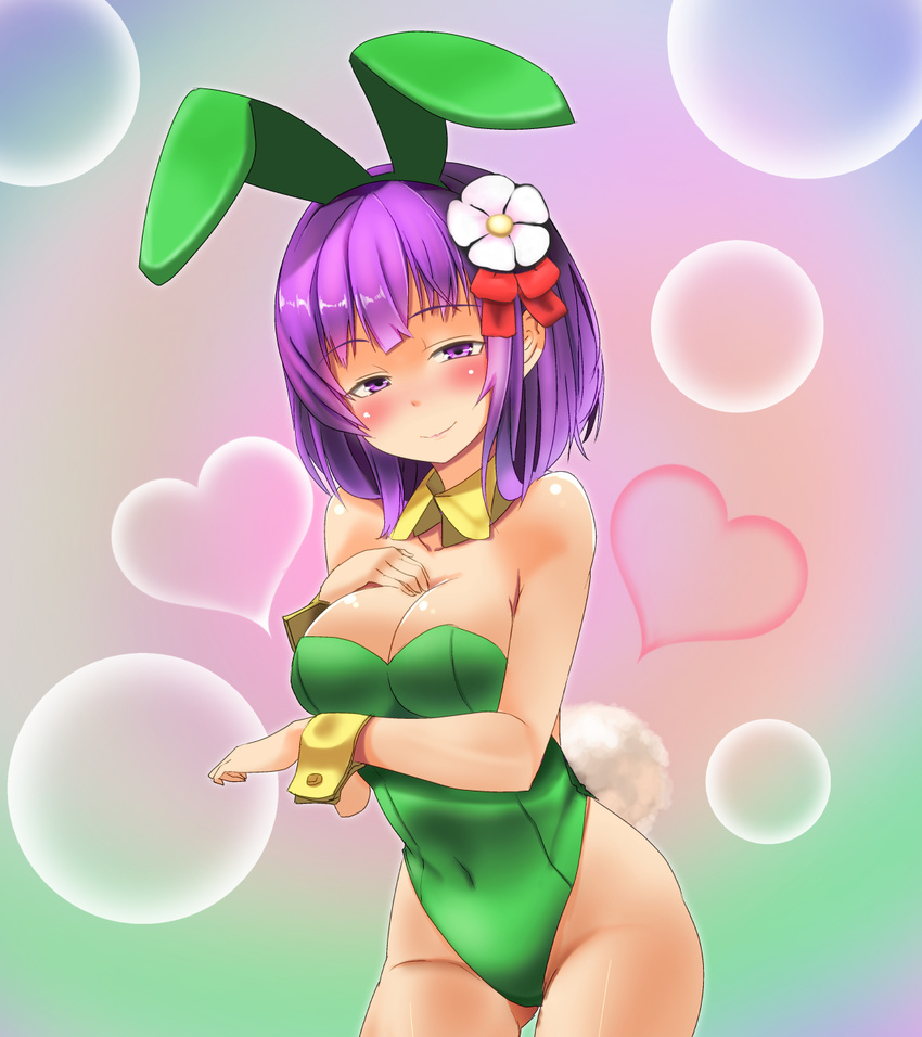 animal_ears bare_legs blush breasts cleavage commentary_request detached_collar fake_animal_ears female flower hair_flower hair_ornament hieda_no_akyuu highres karaage_(ta-na) large_breasts playboy_bunny purple_eyes purple_hair rabbit_ears short_hair smile touhou wrist_cuffs