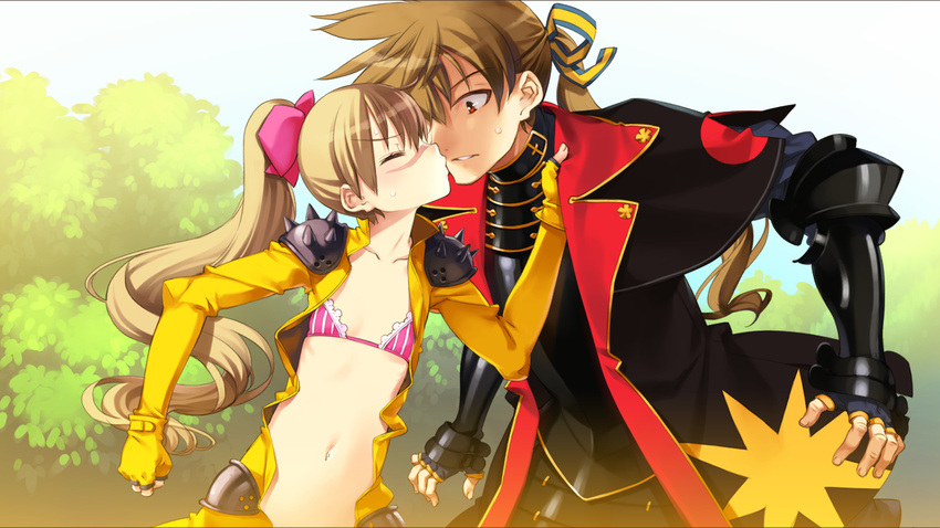 1boy armor billy_the_kid_(eiyuu_senki) blonde_hair bodysuit bra brown_hair closed_eyes clothes_grab collarbone day eiyuu_senki eiyuu_senki_gold female flat_chest game_cg gauntlets hair_ribbon imminent_kiss long_hair looking_at_another navel open_clothes outdoors oyari_ashito ponytail protagonist_(eiyuu_senki) red_eyes ribbon scar scar_on_face shoulder_armor spiked_hair sweatdrop tree underwear