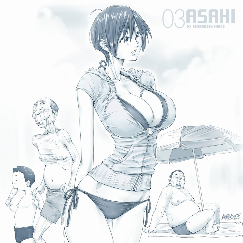 1boy ahoge aizawa_asahi_(unbalance) bikini blue_theme breasts commentary_request dated erection female highres hood hoodie large_breasts monochrome old old_man original short_hair shorts signature straight sweater swimsuit thighs unbalance