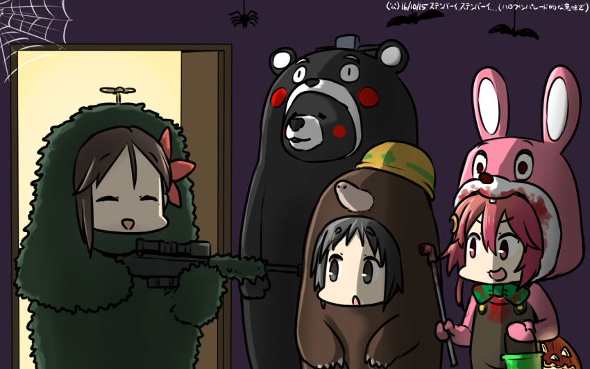 3girls amagi_(kancolle) animalization bear black_eyes black_hair brown_hair bush call_of_duty call_of_duty_4 camouflage captain_macmillan captain_macmillan_(cosplay) closed_eyes commentary_request cosplay crescent crescent_hair_ornament disguise flower ghillie_suit gun hair_between_eyes hair_flower hair_ornament halloween hamu_koutarou highres kantai_collection kumamon kumamon_(cosplay) kumano_(kancolle) light_smile looking_at_viewer maru-yu_(kancolle) mole mole_(animal) mole_under_eye multiple_girls open_door pink_eyes pink_hair ponytail rabbit_hair_ornament rifle robbie_the_rabbit robbie_the_rabbit_(cosplay) silent_hill_(series) silent_hill_3 smile sniper_rifle uzuki_(kancolle) weapon yuru-chara