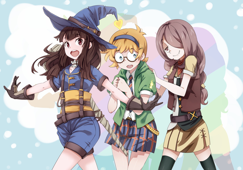 3girls black_legwear blue_eyes blue_hat blue_necktie blush brown_hair closed_mouth commentary_request glasses gosledging hat heart heart-shaped_pupils kagari_atsuko little_witch_academia long_hair looking_at_viewer looking_away lotte_jansson multiple_girls necktie open_mouth orange_hair parted_lips red_eyes semi-rimless_eyewear short_hair smile star-shaped_pupils star_(symbol) striped striped_necktie sucy_manbavaran symbol-shaped_pupils thighhighs witch_hat