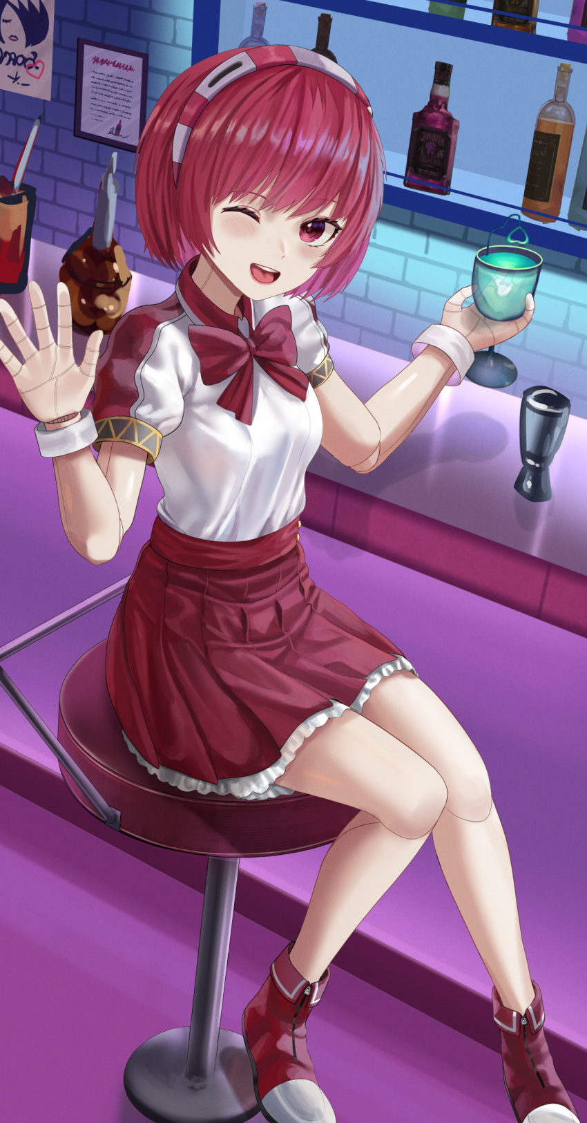 :d alcohol android bar_(place) bar_stool blush bottle bow bowtie breasts commentary_request counter cup dorothy_haze drink drinking_glass english_commentary female full_body hairband highres holding holding_cup holding_drink indoors jigger joints looking_at_viewer medium_breasts mixed-language_commentary one_eye_closed open_mouth poster_(object) puffy_short_sleeves puffy_sleeves red_bow red_bowtie red_eyes red_footwear red_hair red_hairband red_skirt robot_joints shirt shoes short_hair short_sleeves silvertsuki sitting skirt smile sneakers solo stool striped_clothes striped_hairband teeth tongue upper_teeth_only va-11_hall-a waving white_hairband white_shirt white_wrist_cuffs wrist_cuffs zipper_footwear