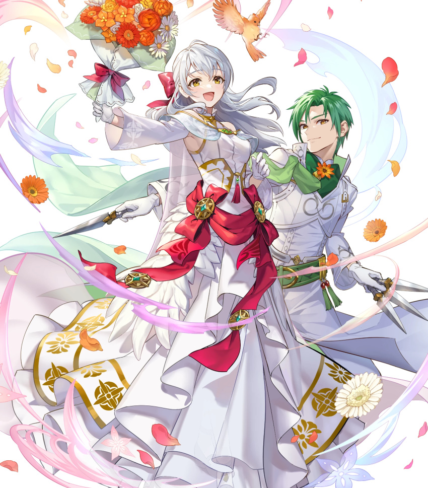 1boy alternate_costume bird blush bouquet bow cape crossed_arms dress feathered_wings feathers female fire_emblem fire_emblem:_radiant_dawn fire_emblem_heroes flower full_body gloves green_hair grey_hair highres leaf long_hair micaiah_(bridal)_(fire_emblem) micaiah_(fire_emblem) non-web_source official_art open_mouth petals sothe_(fire_emblem) sothe_(groom)_(fire_emblem) sparkle teffish transparent_background veil wings yellow_eyes yune_(fire_emblem)