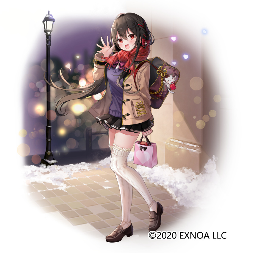 2020 :d bag black_footwear black_hair black_skirt blurry blush bokeh border braid brown_jacket carrying_bag cat_ornament city_lights company_name depth_of_field emia_(castilla) fading_border female floral_print fortress_girl frilled_thighhighs frills gold_trim hair_between_eyes hair_ornament hair_ribbon head_tilt heart heart_hair_ornament highres jacket lamppost lapels long_hair long_sleeves looking_at_viewer miniskirt natsumi_(fortress_girl) neck_ribbon night official_art open_mouth outdoors parted_bangs plaid plaid_scarf pleated_skirt purple_sweater red_eyes red_scarf ribbed_legwear ribbed_thighhighs ribbon ribbon_braid road scarf shirt shoes shopping_bag sidelocks sidewalk skirt smile snow solo street sweater thighhighs valentine very_long_hair wall waving white_shirt white_thighhighs zettai_ryouiki