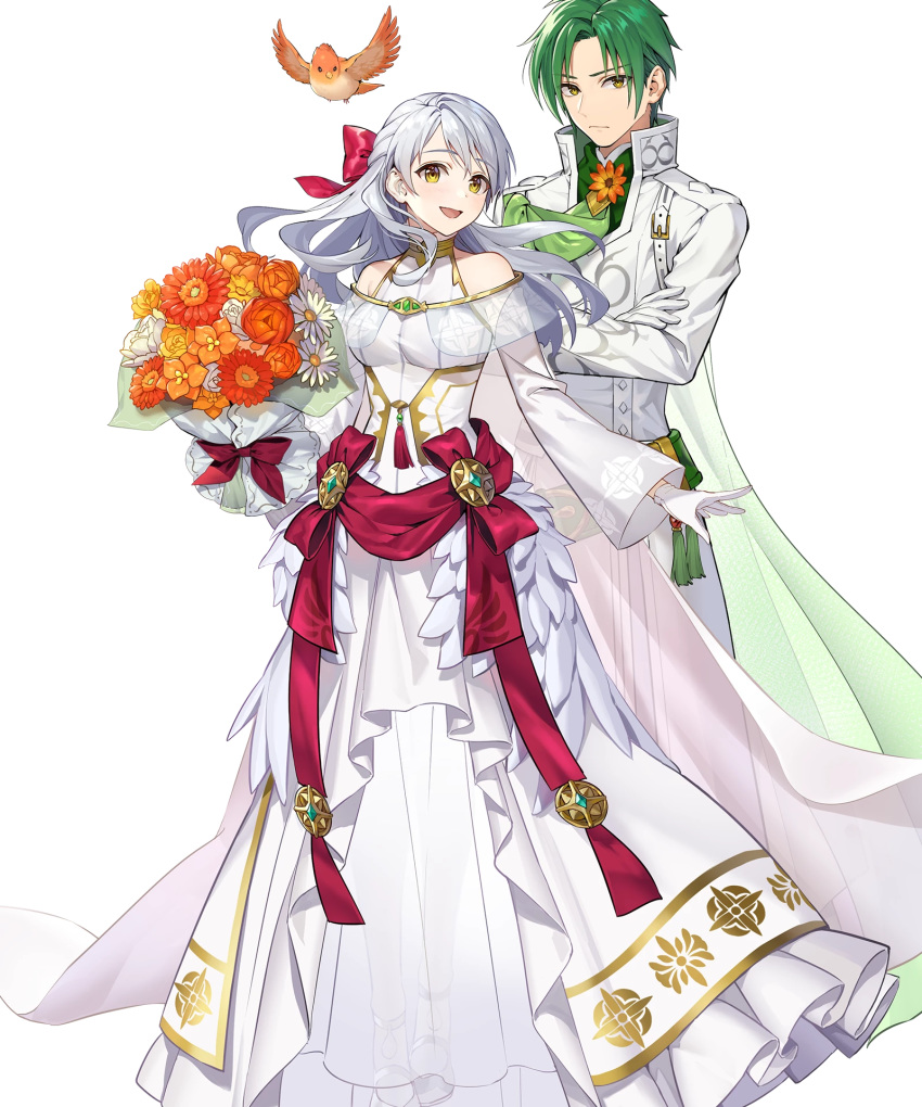 1boy alternate_costume bird bouquet bow cape crossed_arms dress feathered_wings feathers female fire_emblem fire_emblem:_radiant_dawn fire_emblem_heroes flower full_body gloves green_hair grey_hair highres leaf long_hair micaiah_(bridal)_(fire_emblem) micaiah_(fire_emblem) non-web_source official_art open_mouth sothe_(fire_emblem) sothe_(groom)_(fire_emblem) teffish transparent_background veil wings yellow_eyes yune_(fire_emblem)